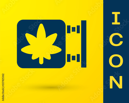 Blue Marijuana and cannabis store icon isolated on yellow background. Equipment and accessories for smoking, storing medical cannabis.  Vector Illustration