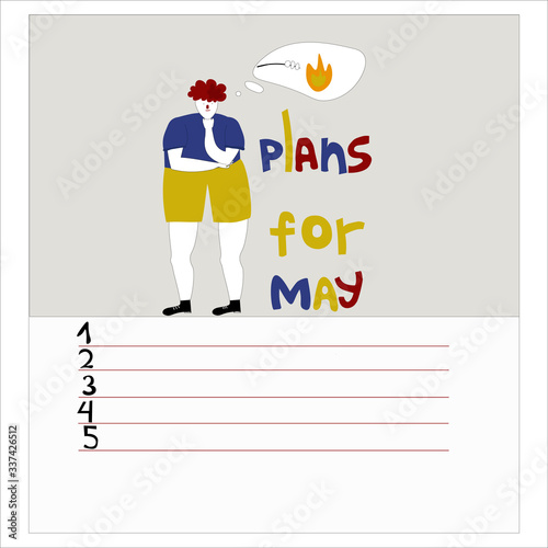 To-do list for May. Monthly plans. The picture is drawn by hand. A man thinks about food in nature. Vector illustration concept in doodle style.