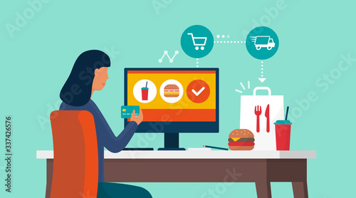 Woman ordering take away food online and food delivery
