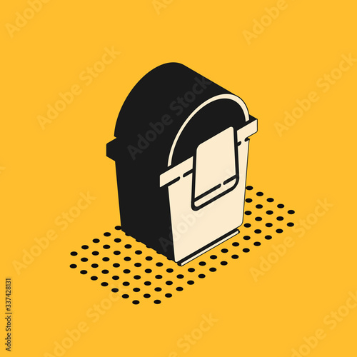 Isometric Bucket with rag icon isolated on yellow background. Cleaning service concept.  Vector Illustration