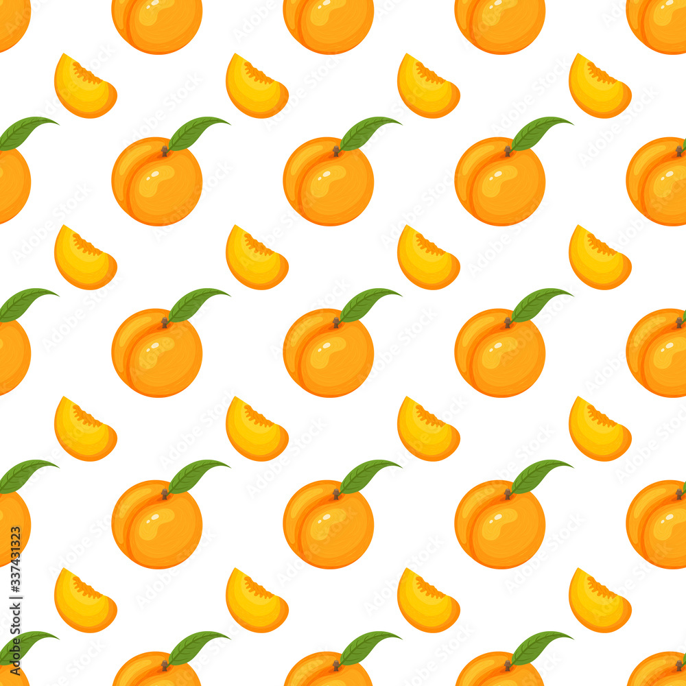 Saemless pattern with cartoon detailed exotic peach on white background. Summer fruits for healthy lifestyle. Organic fruit. Vector illustration for any design.