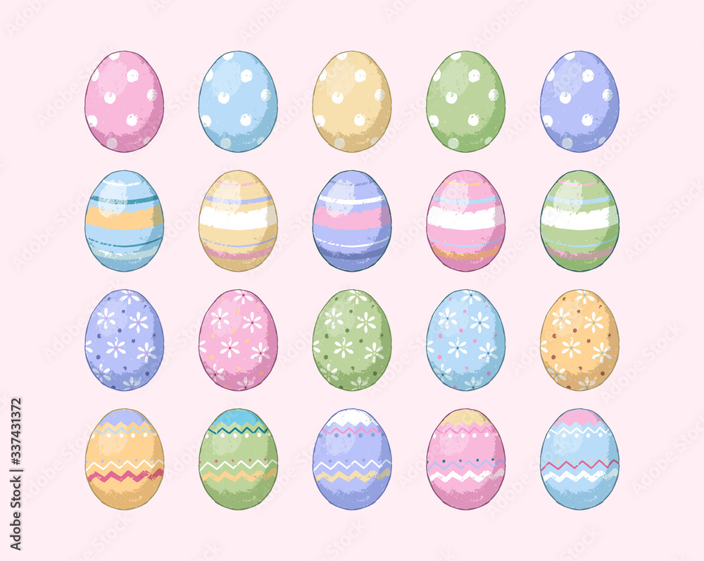Twenty colorful isolated Easter eggs set. Vector illustration in pastel style.
