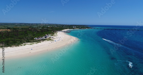 Aerial shot of Irabu bridge and maehama beach, miyako island, okinawa, Japan