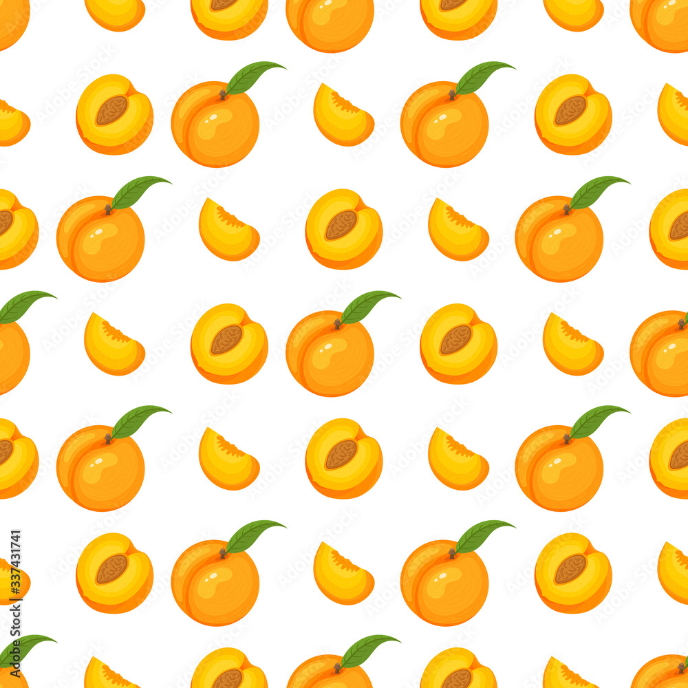 Saemless pattern with cartoon detailed exotic peach on white background. Summer fruits for healthy lifestyle. Organic fruit. Vector illustration for any design. Saemless pattern with cartoon detailed exotic peach on white background. Summer fruits for healthy lifestyle. Organic fruit. Vector illustration for any design.