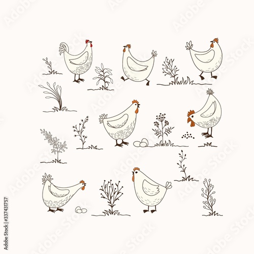 Leinwand Poster Cute pattern with cartoon chicken