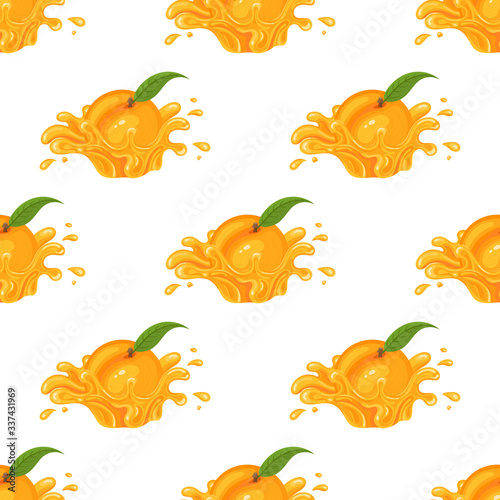 Seamless pattern with fresh peach juice splash burst isolated on white background. Summer fruit juice. Cartoon style. Vector illustration for any design.