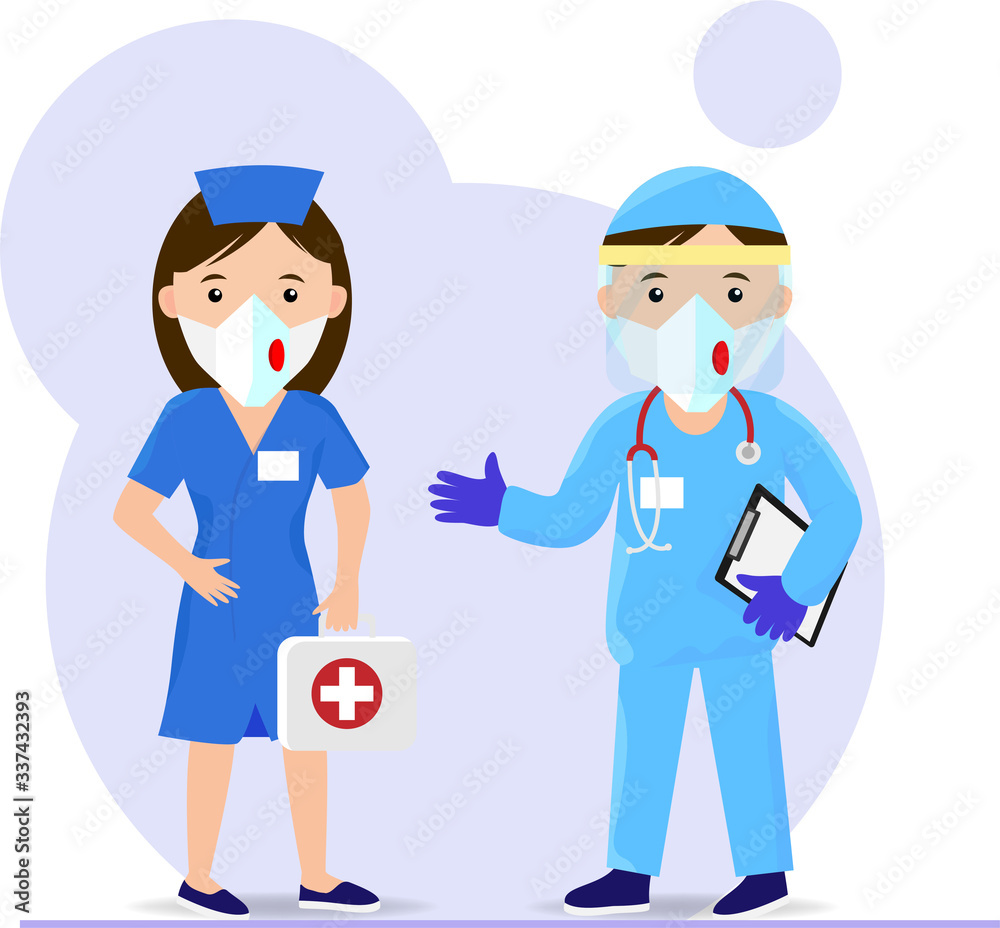 Doctor and nurse in medical masks in cartoon flat style. First aid box. Vector illustration. 