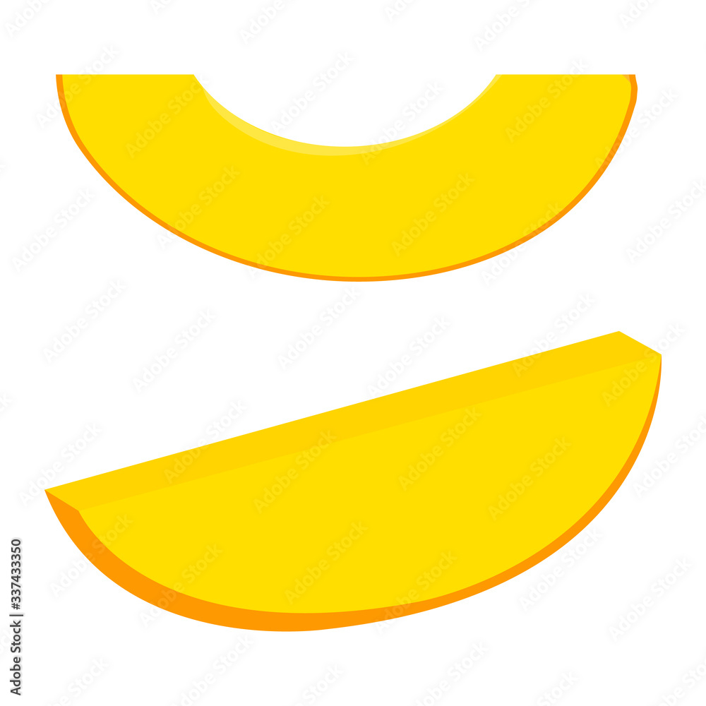 Fresh bright exotic cut slice mango isolated on white background. Summer fruits for healthy lifestyle. Organic fruit. Cartoon style. Vector illustration for any design. Fresh bright exotic cut slice mango isolated on white background. Summer fruits for healthy lifestyle. Organic fruit. Cartoon style. Vector illustration for any design.