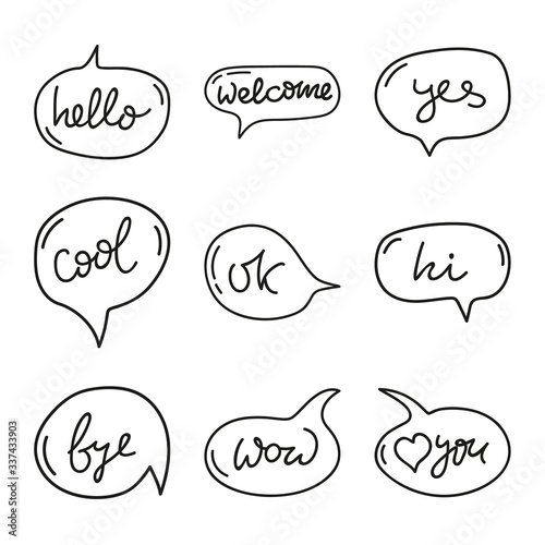 Vector set of hand drawn speech bubbles. Doodle style speaking bubbles isolated on white background. Black and white stickers with emotional phrases.