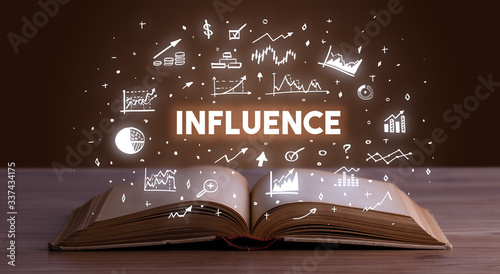 INFLUENCE inscription coming out from an open book, business concept photo