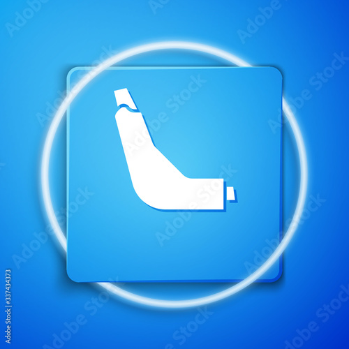 White Inhaler icon isolated on blue background. Breather for cough relief, inhalation, allergic patient. Blue square button. Vector Illustration