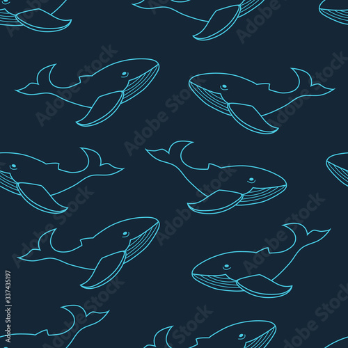 Doodle blue whale pattern design. Seamless pattern with doodle whales. Ocean animals background.