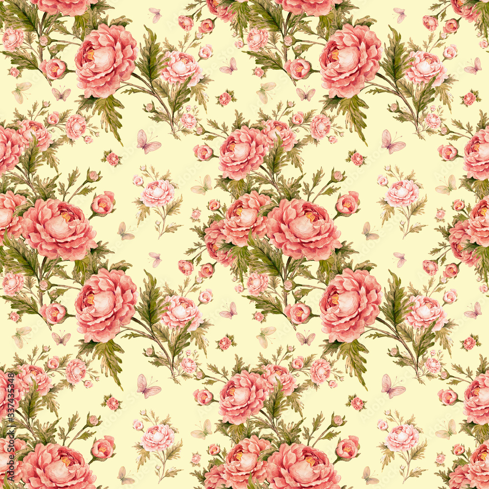  seamless watercolor pattern with roses and butterflies