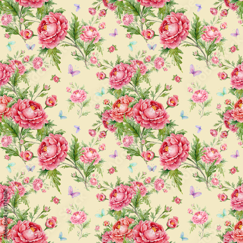  Seamless watercolor pattern with roses and butterflies