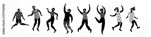 Group of people with virtual reality glasses. Black figures on white background. Flat vector illustration.