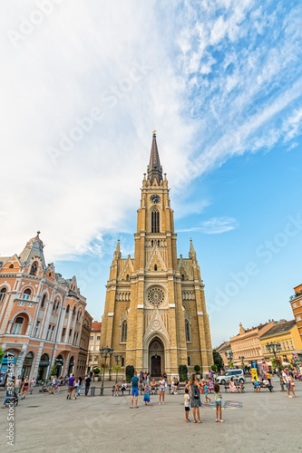 Photography Novi Sad, Serbia July 30, 2019: Catholic Cathedral of the virgin Mary at the Central square of the city Novi Sad in Serbia