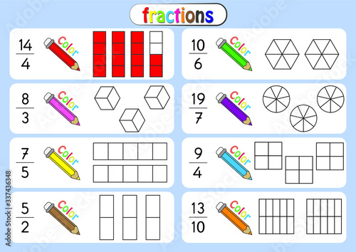 mixed number, improper fractions, color the shape to show the fraction, educational, color the parts of the shape that represent each fraction, mathematics, math worksheet