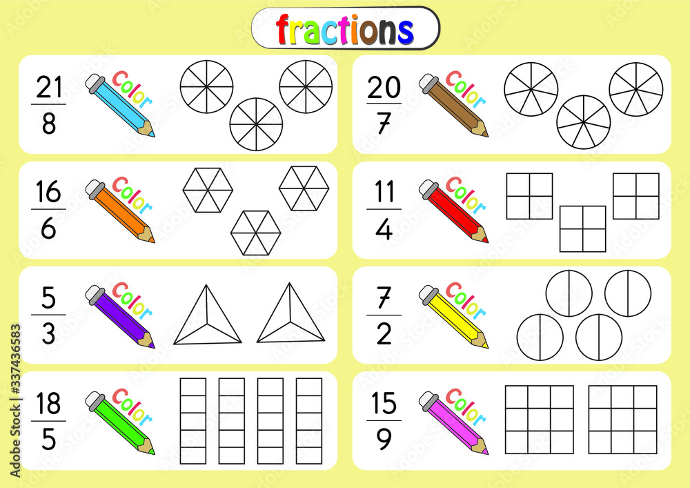 mixed number, improper fractions, color the shape to show the ...