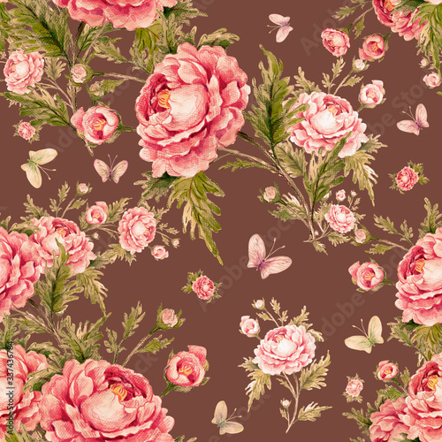  Seamless watercolor pattern with roses and butterflies