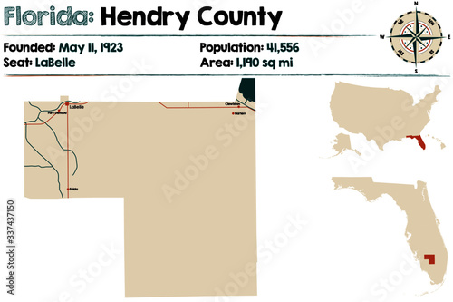 Large and detailed map of Hendry county in Florida, USA. photo