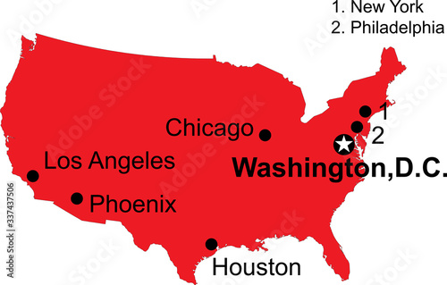 Major cities highlighted USA mainland map. Red background.