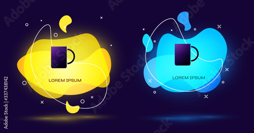 Black Coffee cup icon isolated on black background. Tea cup. Hot drink coffee. Abstract banner with liquid shapes. Vector Illustration