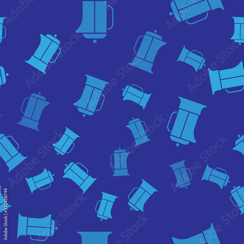 Blue French press icon isolated seamless pattern on blue background.  Vector Illustration