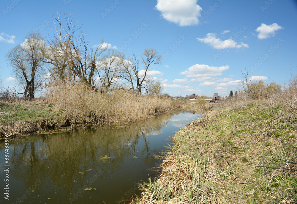 A beautiful rural landscape with a river flowing through the field with bare trees growing on the bank of the river in early spring.