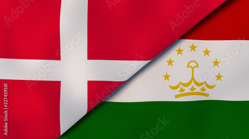 The flags of Denmark and Tajikistan. News, reportage, business background. 3d illustration photo