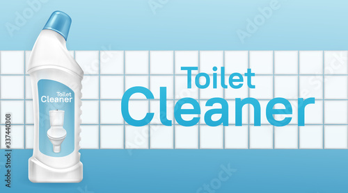 Toilet cleaner banner, liquid detergent plastic bottle with clean bowl on label on white tiled ceramic wall background. Chemical product for cleaning bathroom promo advertising, Realistic 3d vector