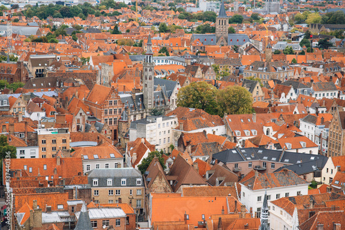 Panoramic view from the Belfort tower on the historic part of Bruges and the Cathedral of St. Salvator, the main pedestrian street with many shops, Belgium. Travel to Belgium.