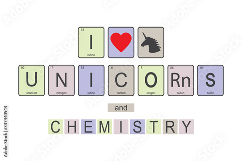 The chemical elements of the periodic table,funny phrase- I love unicorns and chemistry isolated on white background.