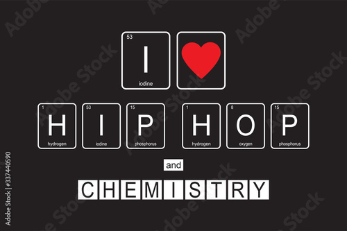 The chemical elements of the periodic table. Funny phrase - I love HIP HOP and chemistry. Text on dark background.
