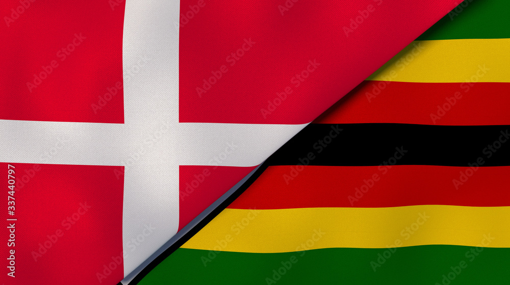 Fototapeta premium The flags of Denmark and Zimbabwe. News, reportage, business background. 3d illustration