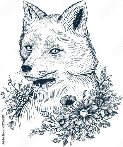 Vector Fox with Flowers Illustration