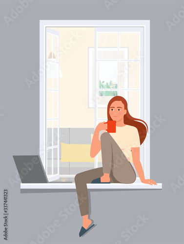 The girl in a break from work drinks coffee sitting on the windowsill.