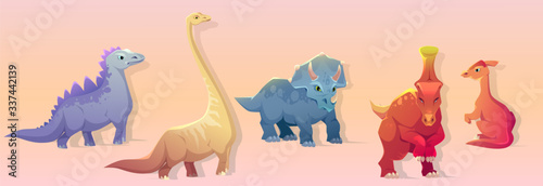 Dinosaurs clipart. Cute cartoon triceratops, parasaurolophus, brachiosaurus and stegosaurus. Vector dino characters, set of fossil prehistoric animals. Isolated ancient reptiles
