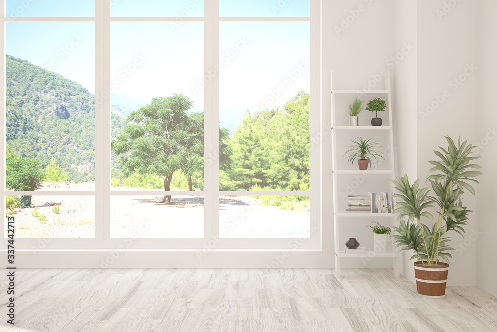 Fototapeta premium Stylish empty room in white color with summer landscape in window. Scandinavian interior design. 3D illustration