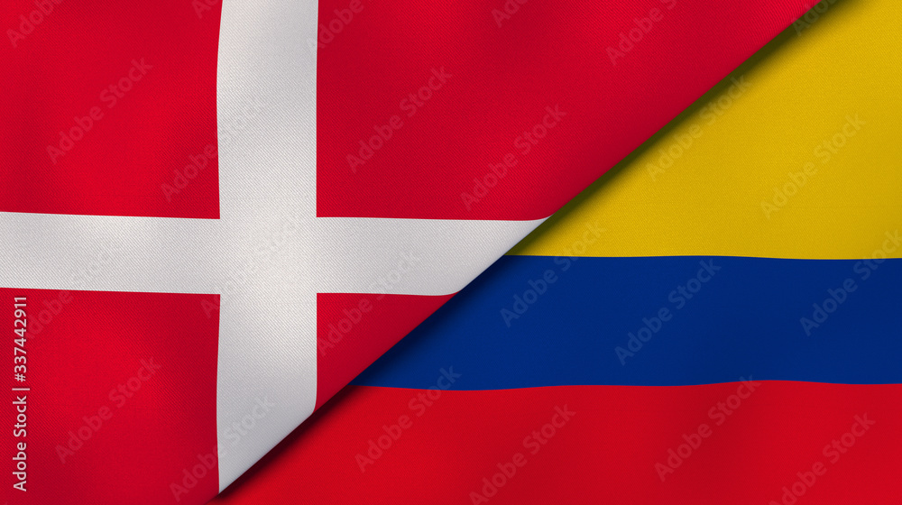 Fototapeta premium The flags of Denmark and Colombia. News, reportage, business background. 3d illustration