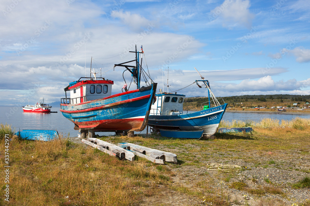 Punta Arenas, Chile, Fishing boats on the shore.
 Fishing has long been the main occupation of Patagonia.