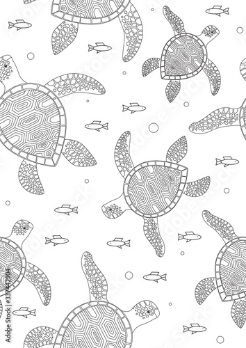 Seamless pattern or coloring page with turtles in the sea, A4 outline vector stock illustration with turtle as anti-stress therapy for children and adults for printing in a book