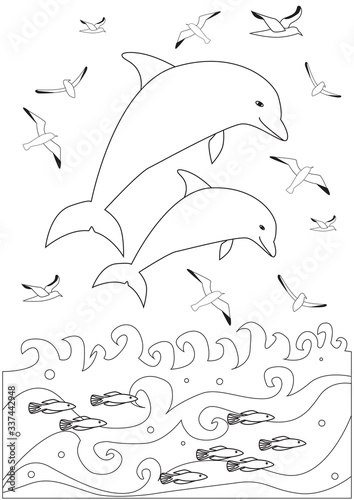 Coloring page with dolphins in the sea, A4 outline stock vector illustration with gulls and fish as anti-stress therapy for children and adults for print