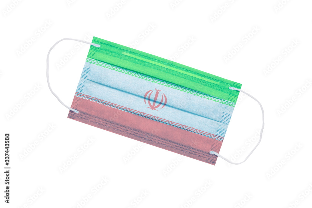 medical face mask with flag of iran isolated on a white background. pandemic concept in Iran. attribute of Iranian doctors. coronavirus in Iran. Iran pollution news background medical face mask with flag of iran isolated on a white background. pandemic concept in Iran. attribute of Iranian doctors. coronavirus in Iran. Iran pollution news background