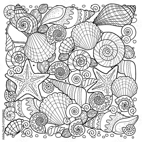 Vector coloring book for adult, for meditation and relax. Backgroun of sell, anchors, shells, stones and sand. Black and white image on a white background of isolated elements