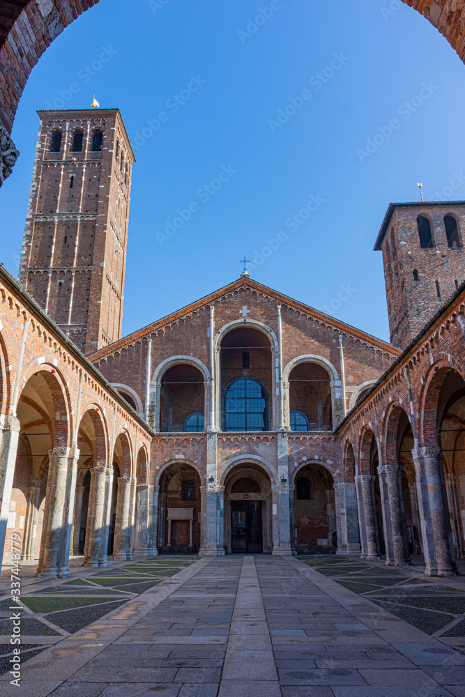 Italy, Milan, February 13, 2020, view and details of the cathedral of Santo Ambrogio, one of the oldest churches in Milan