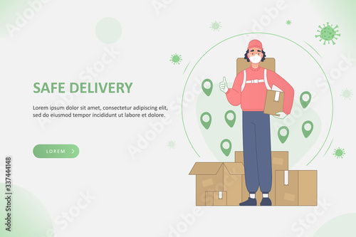 Safe delivery and delivery service during COVID-19 Coronavirus pandemic concept. Delivery man wearing respirator mask and gloves, standing and holding package in hand, vector illustration