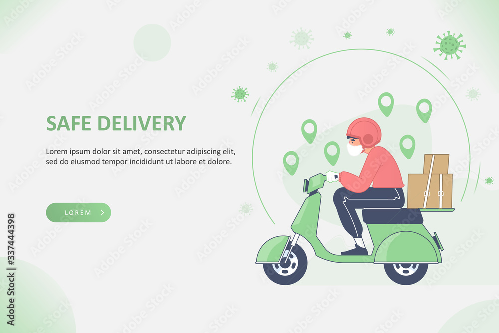 Safe delivery and delivery service during COVID-19 Coronavirus pandemic concept. Delivery man wearing respirator mask and gloves riding scooter to deliver packages to destination, vector illustration Safe delivery and delivery service during COVID-19 Coronavirus pandemic concept. Delivery man wearing respirator mask and gloves riding scooter to deliver packages to destination, vector illustration