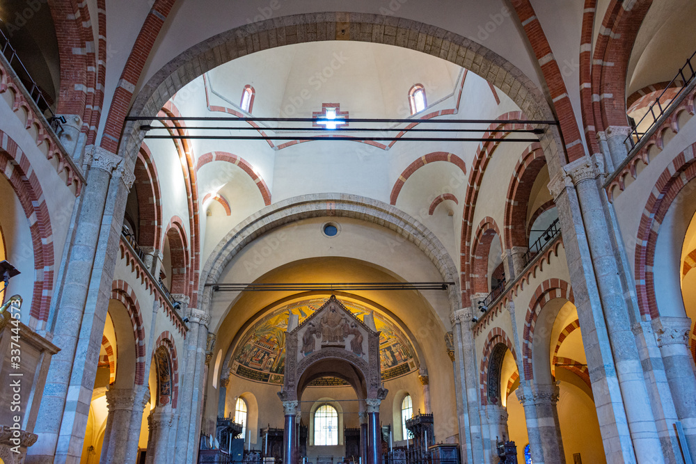 Italy, Milan, February 13, 2020, view and details of the cathedral of Santo Ambrogio, one of the oldest churches in Milan. Interior