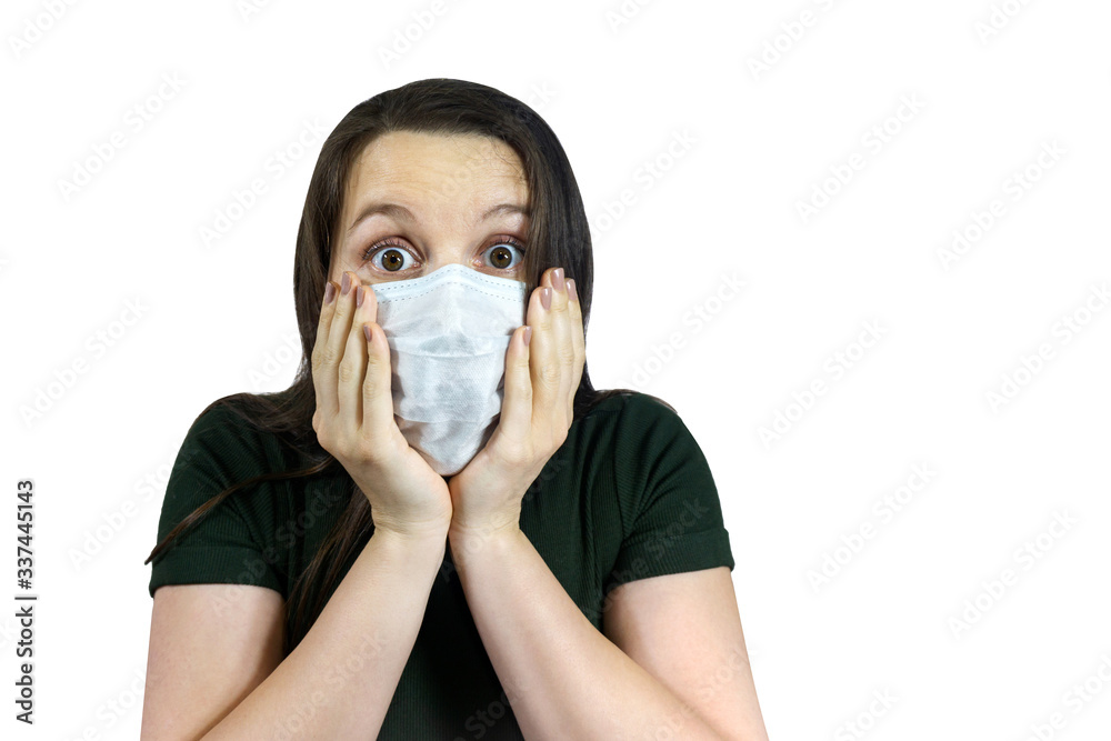 worried and fearful woman in medical mask - distancing from corona virus covid-19 , surprised, amazed and cry, isolated