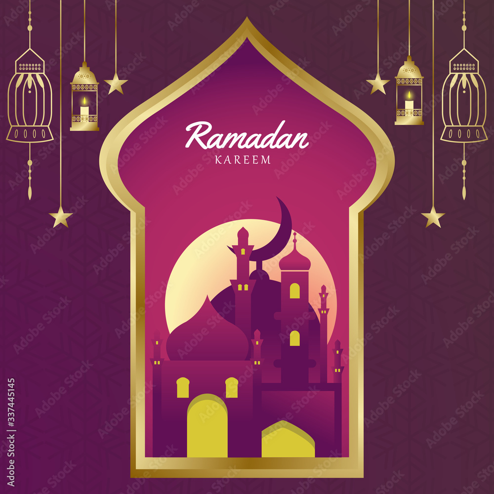 The concept of Ramadan Kareem with landscape in the window. beautiful twilight and traditional lanterns. Banners or greeting cards with temples, mosque buildings. The concept of Ramadan Kareem with landscape in the window. beautiful twilight and traditional lanterns. Banners or greeting cards with temples, mosque buildings.